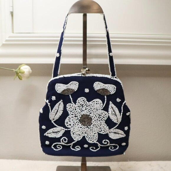 Vintage Beaded Evening Bag: Navy Blue Floral Handbag, Rhinestone Clasp - Picture 10 of 11